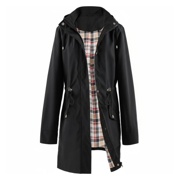 Waterproof Hooded Trench Coat With Zip Up Drawstring Style For Women