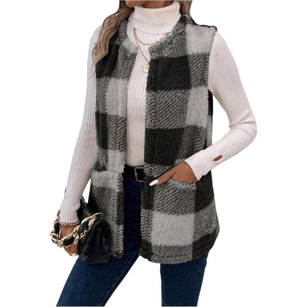 Plaid Sleeveless Open Front Jacket - Image 6
