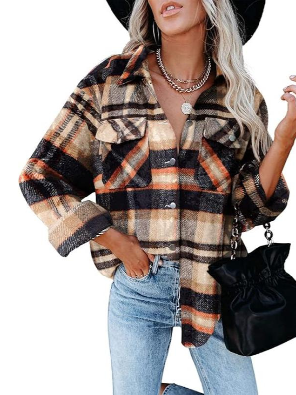 Women Plaid Pattern Jacket With Collared Design - Image 10