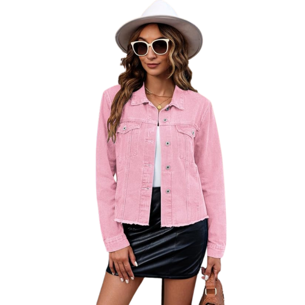 Women Distressed Denim Jacket Vintage Button Up Trucker Style