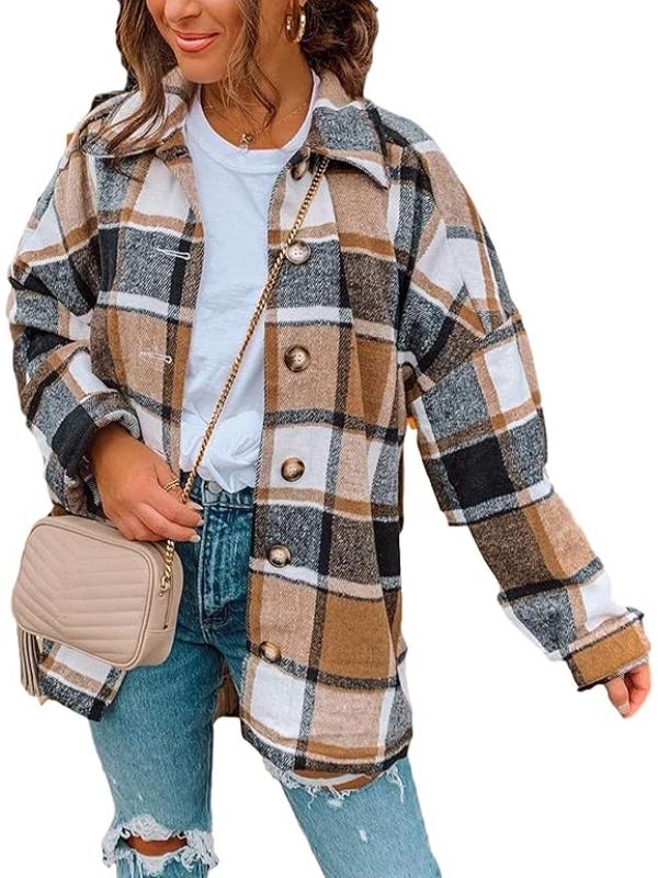 Women Plaid Pattern Jacket With Collared Design - Image 2