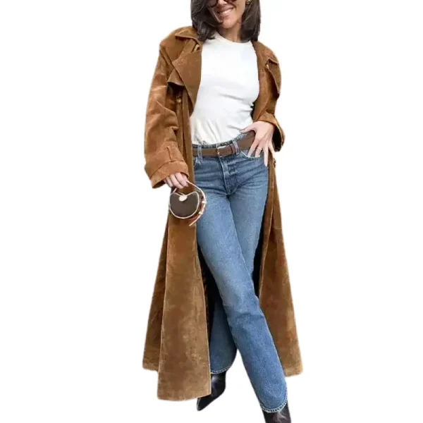 Faux Suede Long Trench Coat For Women With Belt And Notched Lapel
