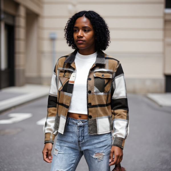 Cropped Plaid Flannel Shacket Button Down Fall Jacket for Women