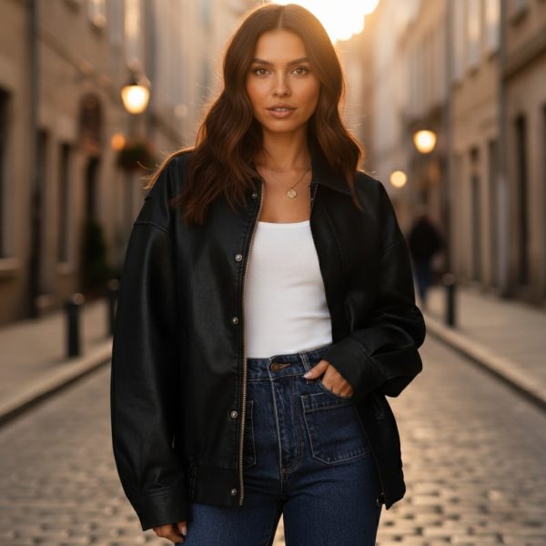 Oversized Faux Leather Motorcycle Jacket For Women