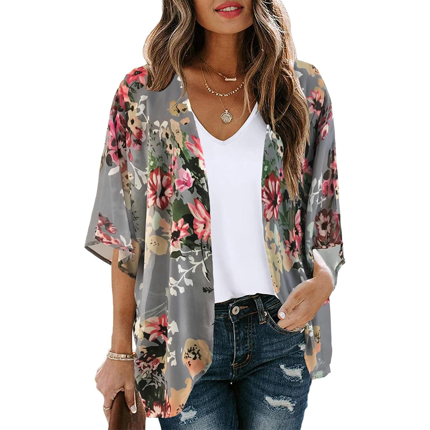 Women Floral Print Puff Sleeve Kimono Cardigan Loose Cover Up Casual Blouse Tops - Image 18