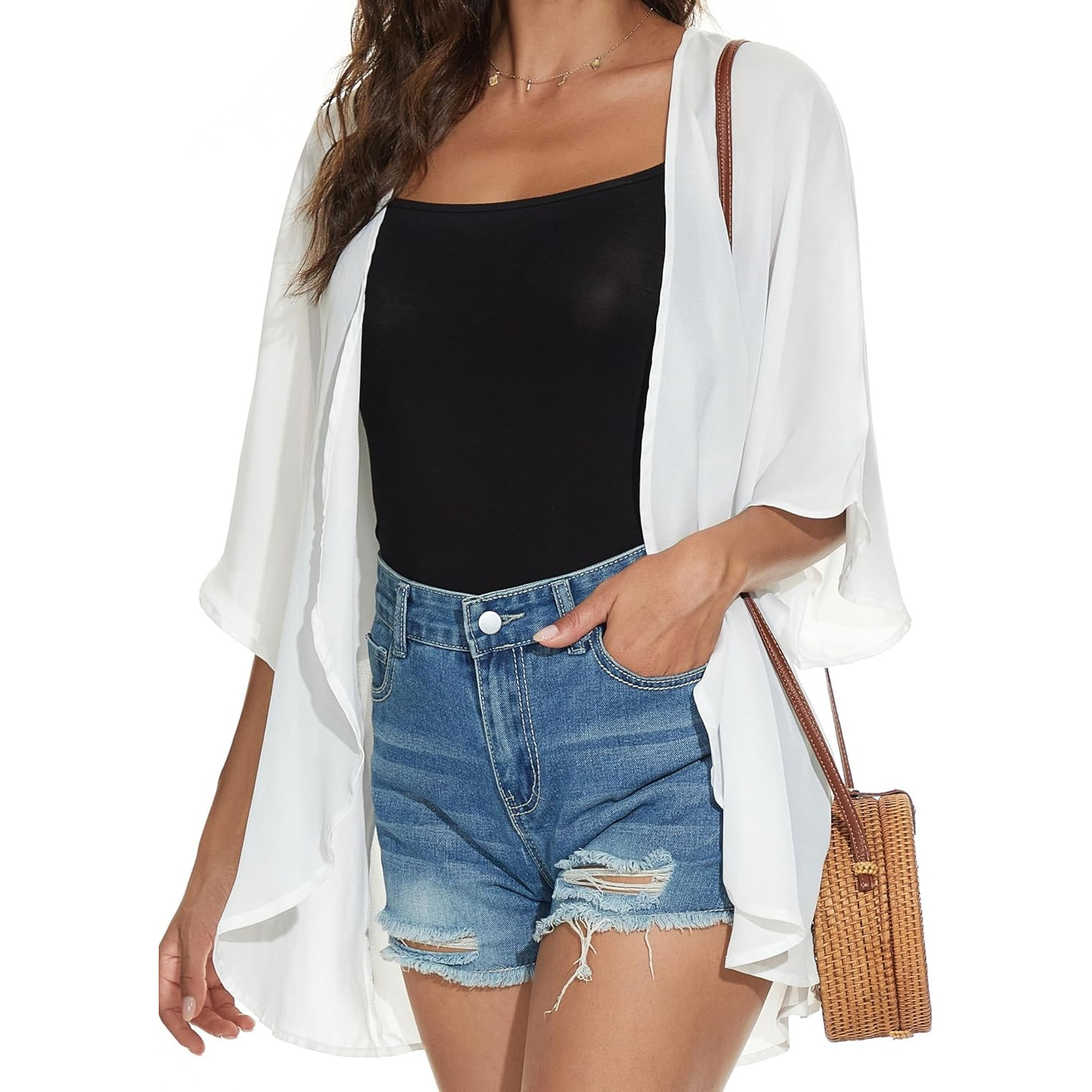 Women Floral Print Puff Sleeve Kimono Cardigan Loose Cover Up Casual Blouse Tops - Image 3