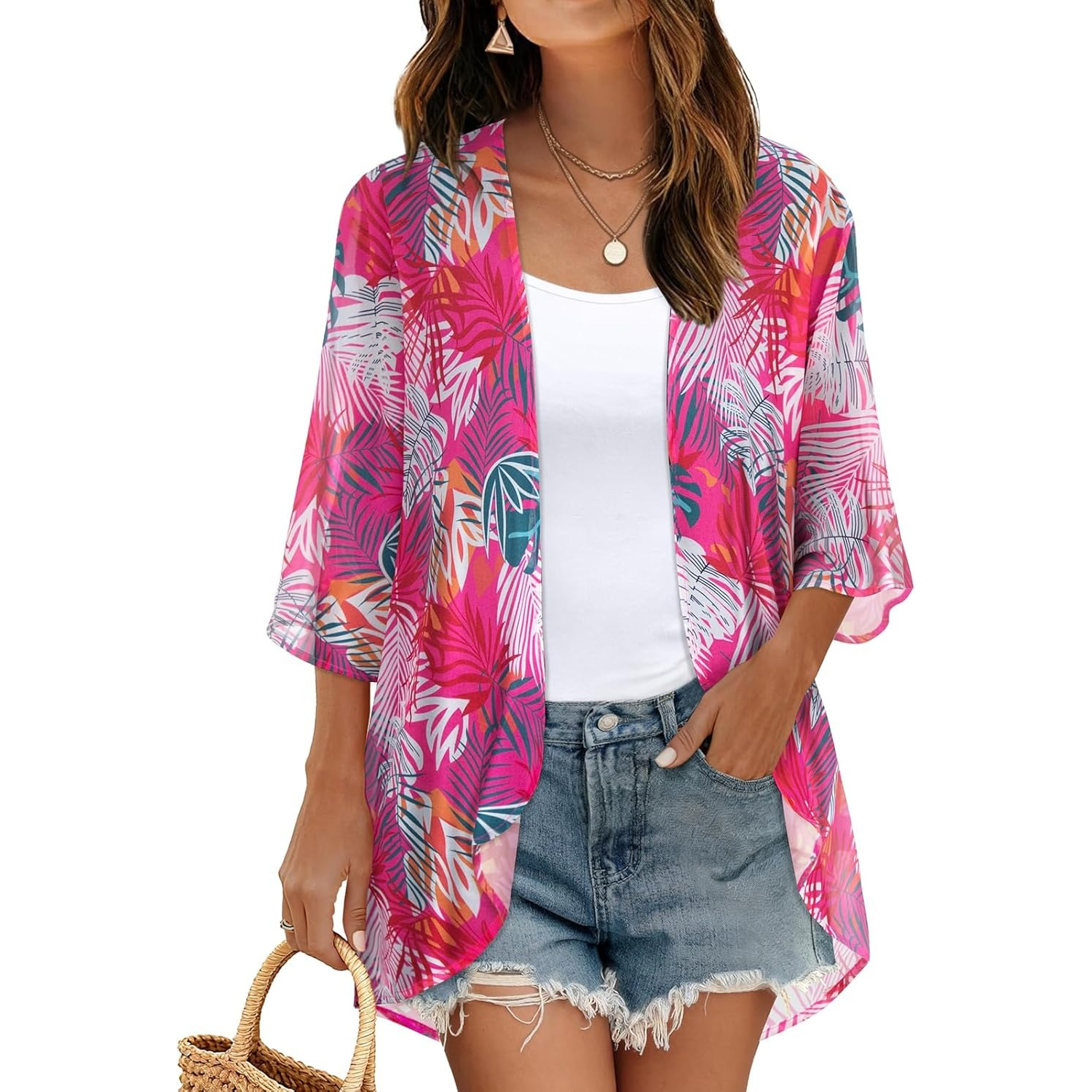 Women Floral Print Puff Sleeve Kimono Cardigan Loose Cover Up Casual Blouse Tops - Image 21