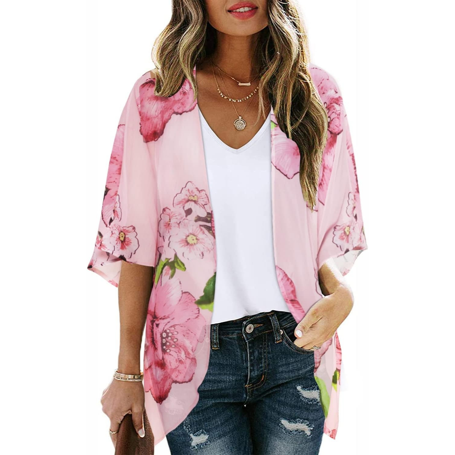 Women Floral Print Puff Sleeve Kimono Cardigan Loose Cover Up Casual Blouse Tops - Image 16