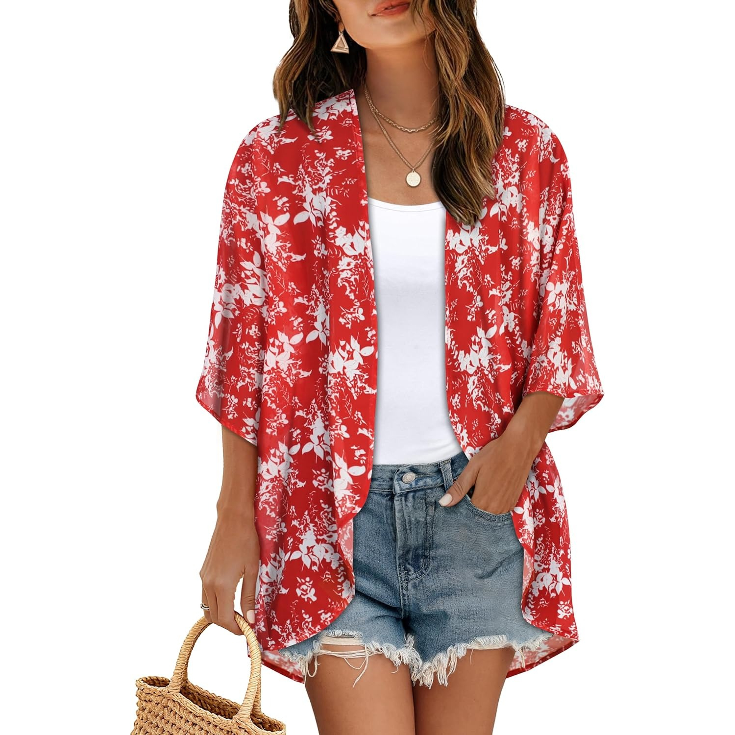 Women Floral Print Puff Sleeve Kimono Cardigan Loose Cover Up Casual Blouse Tops - Image 6