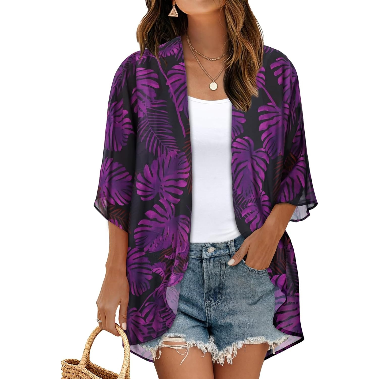 Women Floral Print Puff Sleeve Kimono Cardigan Loose Cover Up Casual Blouse Tops - Image 19