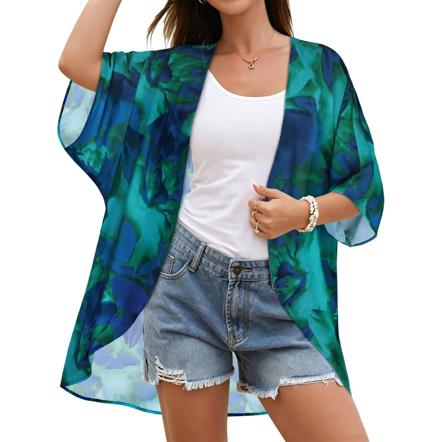 Women Floral Print Puff Sleeve Kimono Cardigan Loose Cover Up Casual Blouse Tops - Image 8