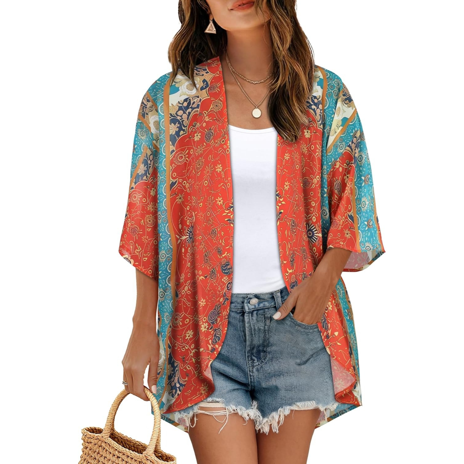 Women Floral Print Puff Sleeve Kimono Cardigan Loose Cover Up Casual Blouse Tops - Image 10