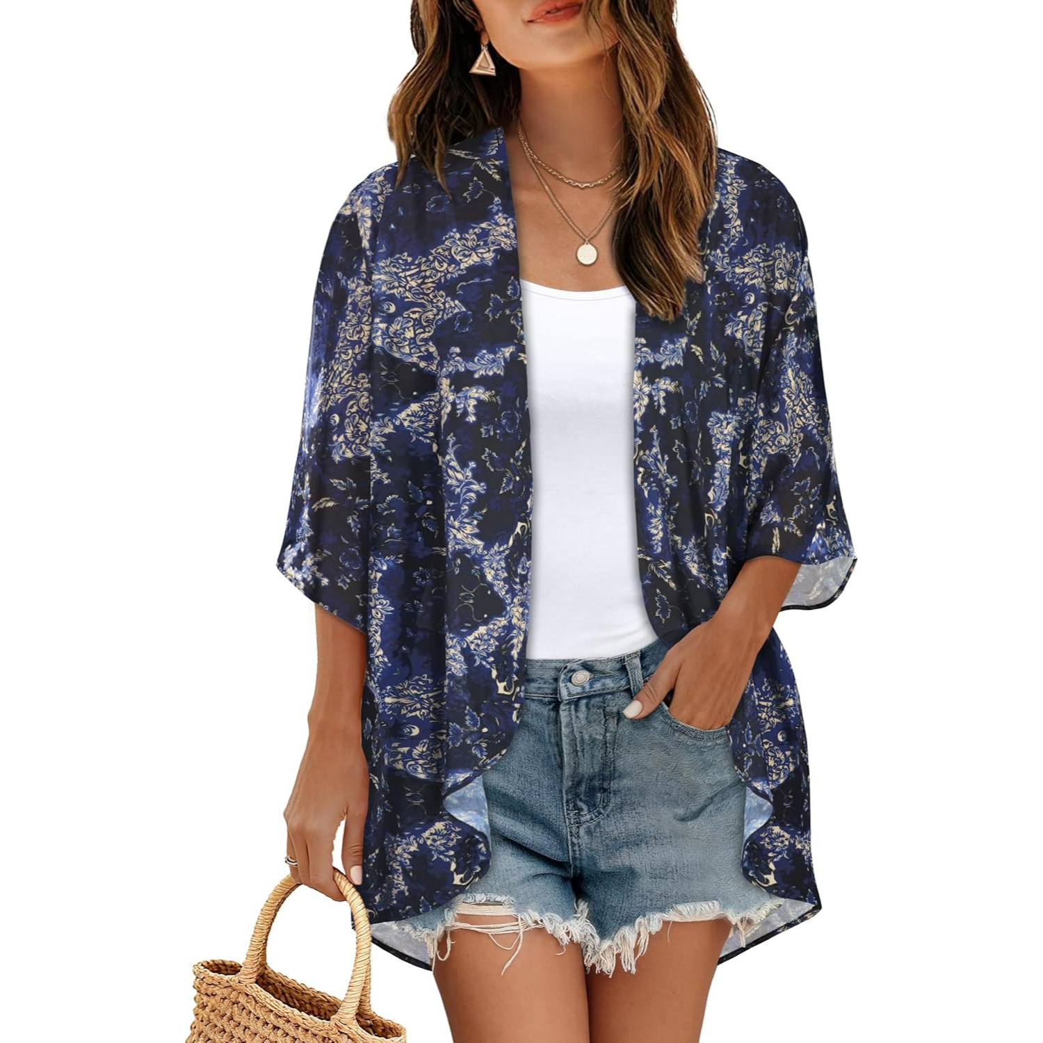 Women Floral Print Puff Sleeve Kimono Cardigan Loose Cover Up Casual Blouse Tops - Image 11