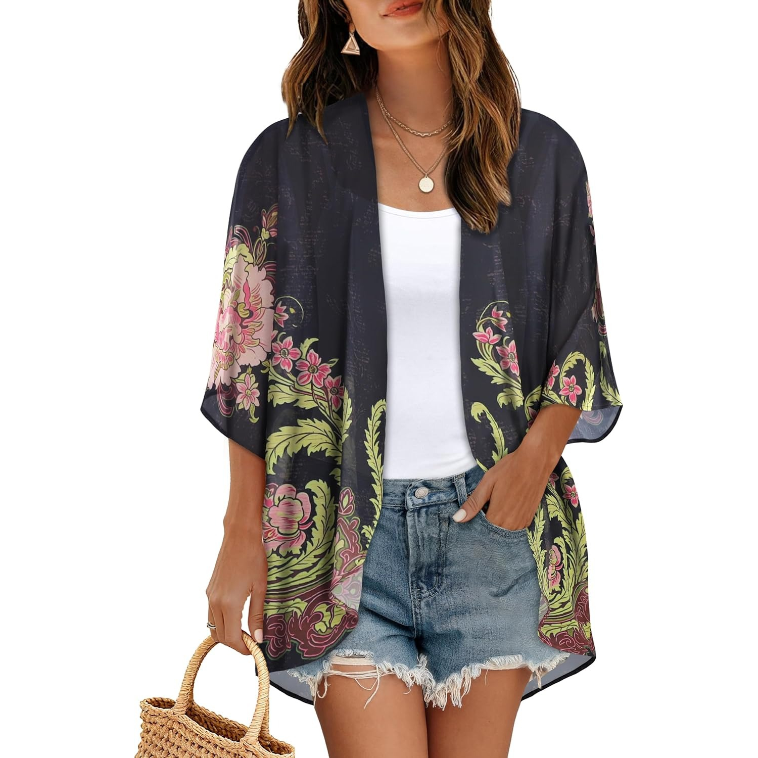 Women Floral Print Puff Sleeve Kimono Cardigan Loose Cover Up Casual Blouse Tops - Image 14