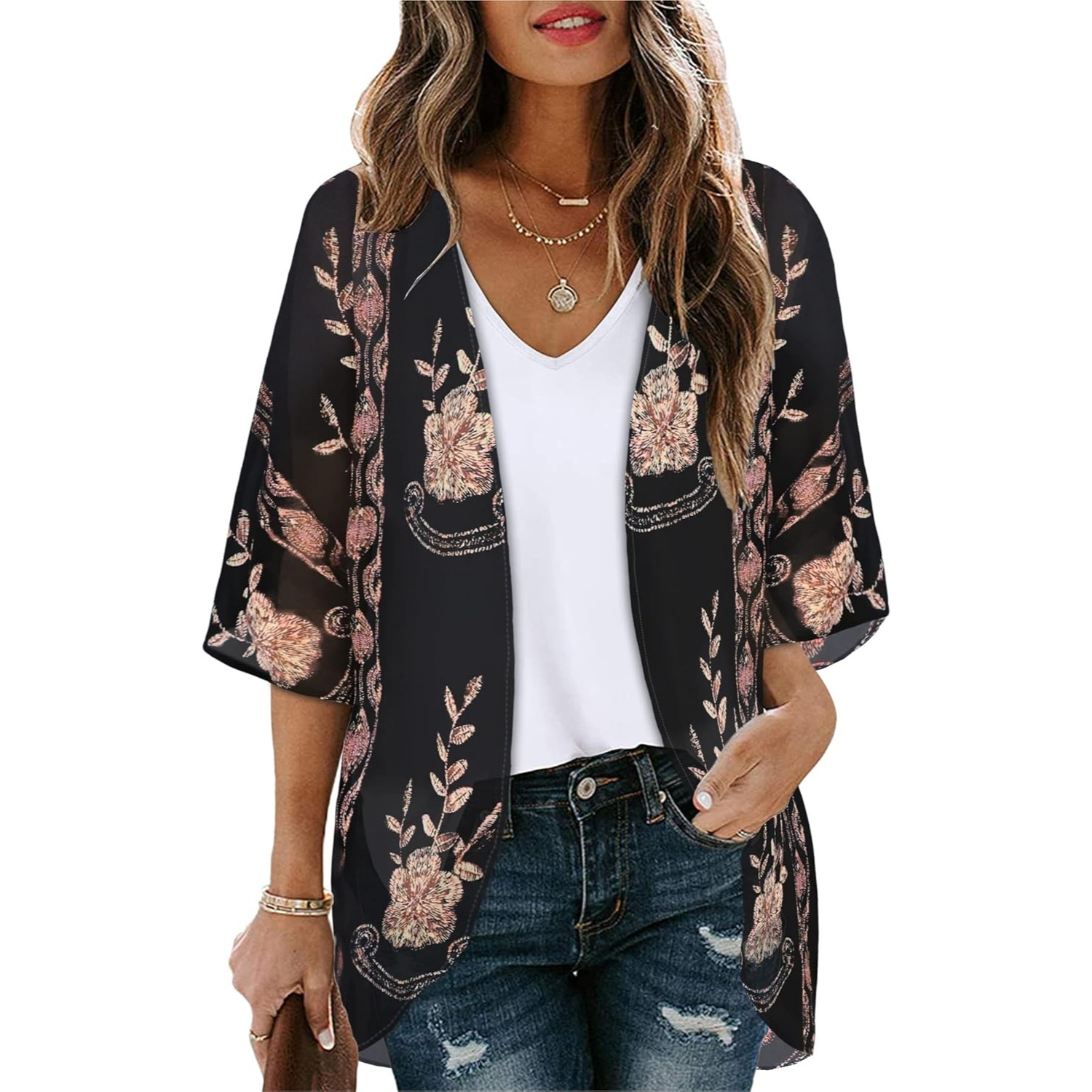 Women Floral Print Puff Sleeve Kimono Cardigan Loose Cover Up Casual Blouse Tops - Image 17