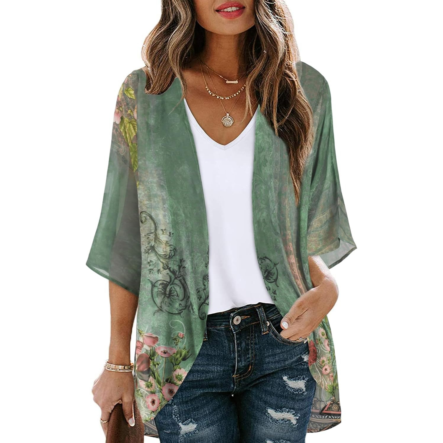Women Floral Print Puff Sleeve Kimono Cardigan Loose Cover Up Casual Blouse Tops - Image 15