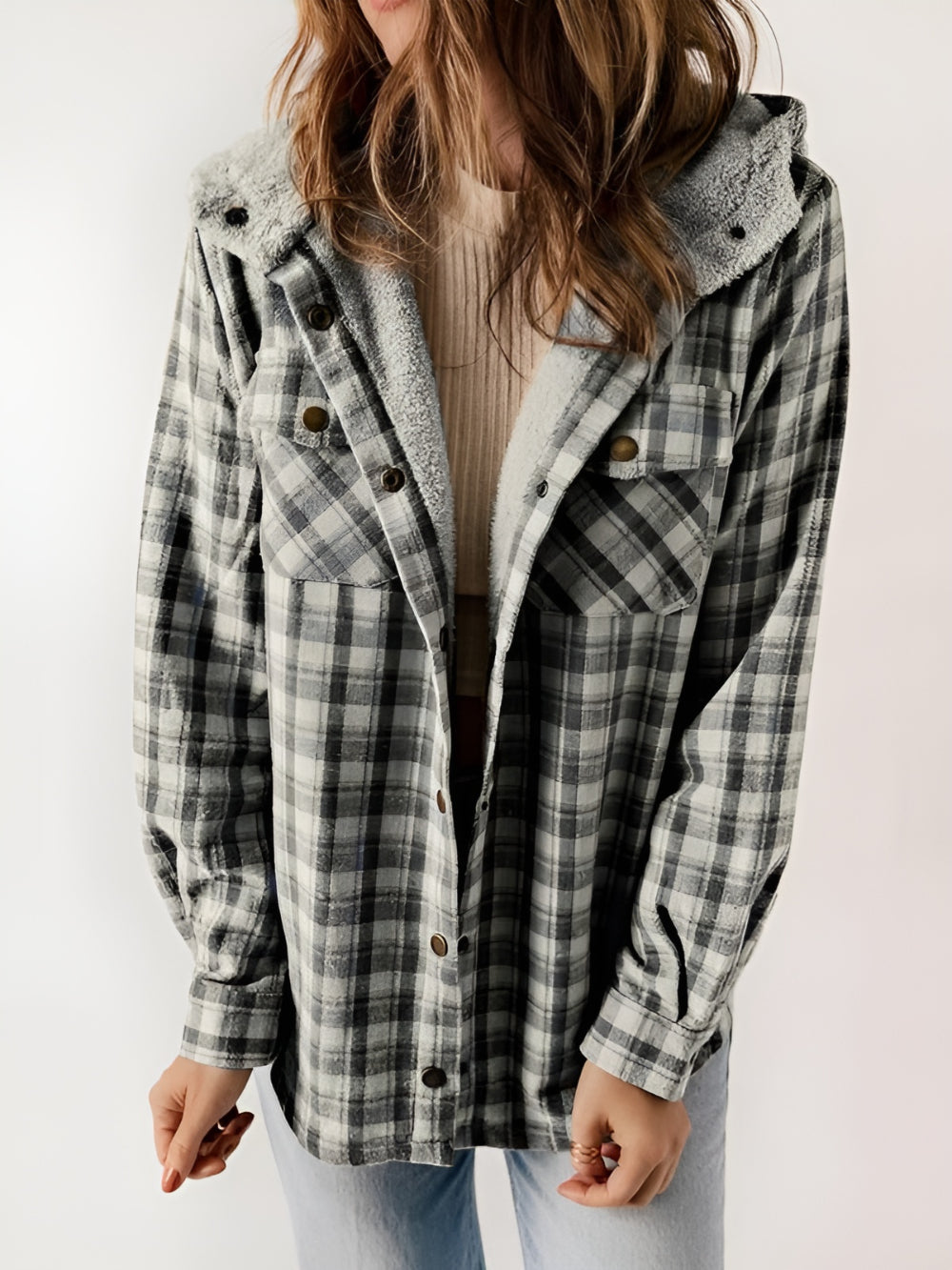 Plaid Fleece Lined Button Up Jacket - Image 4