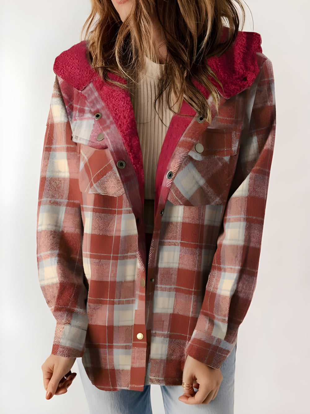 Plaid Fleece Lined Button Up Jacket - Image 5