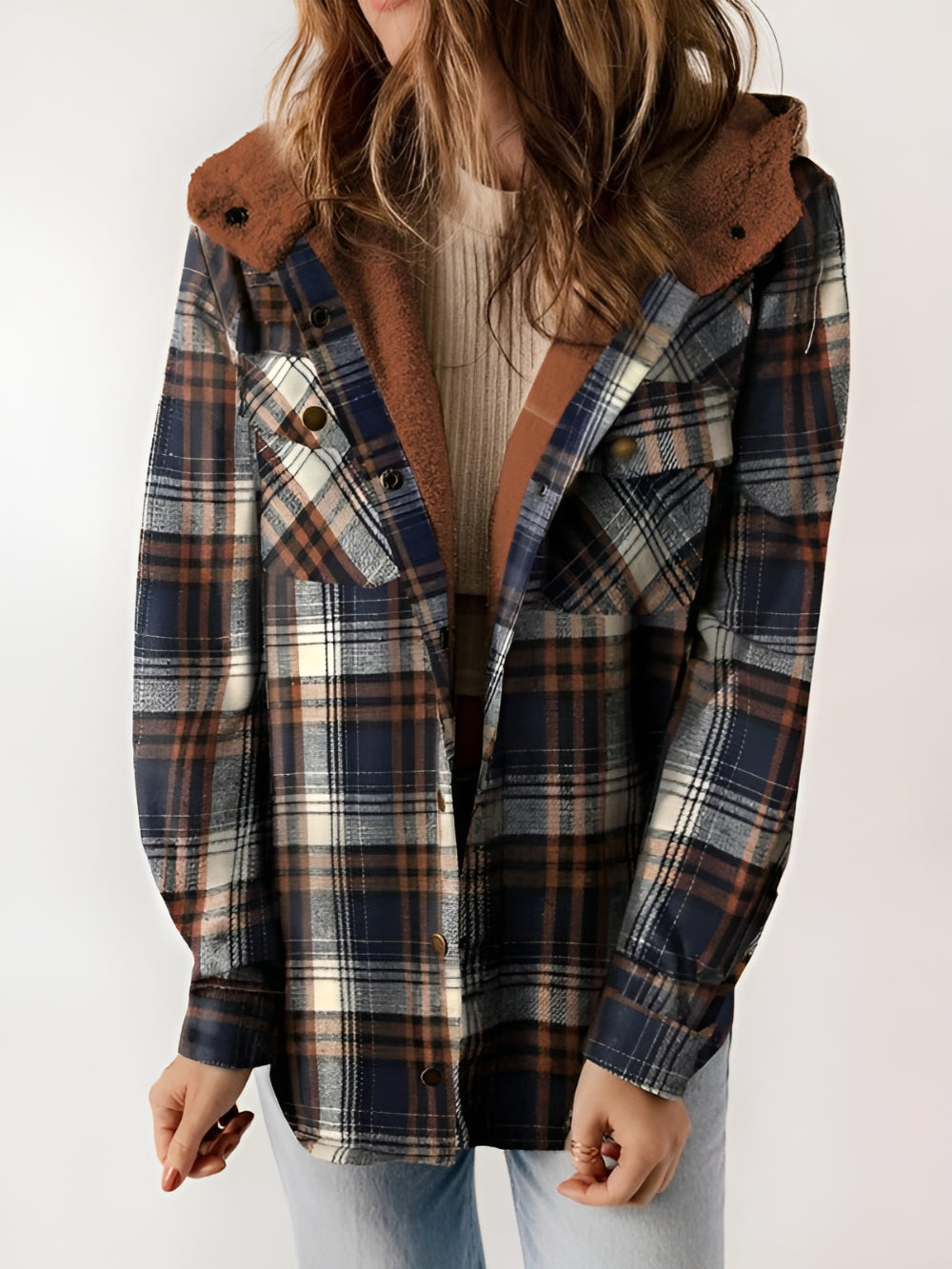 Plaid Fleece Lined Button Up Jacket - Image 7