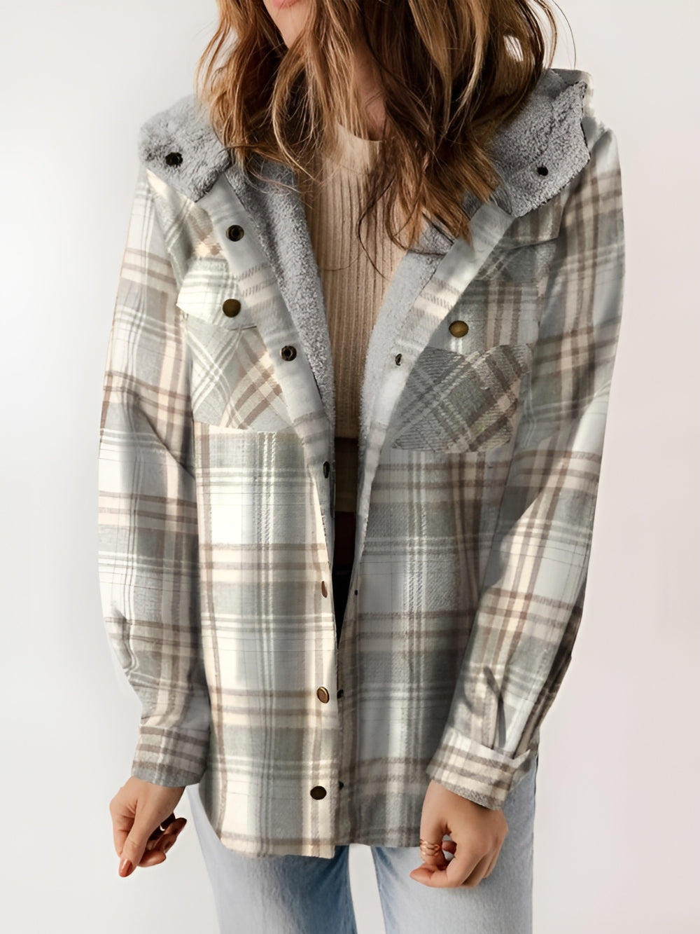 Plaid Fleece Lined Button Up Jacket - Image 3